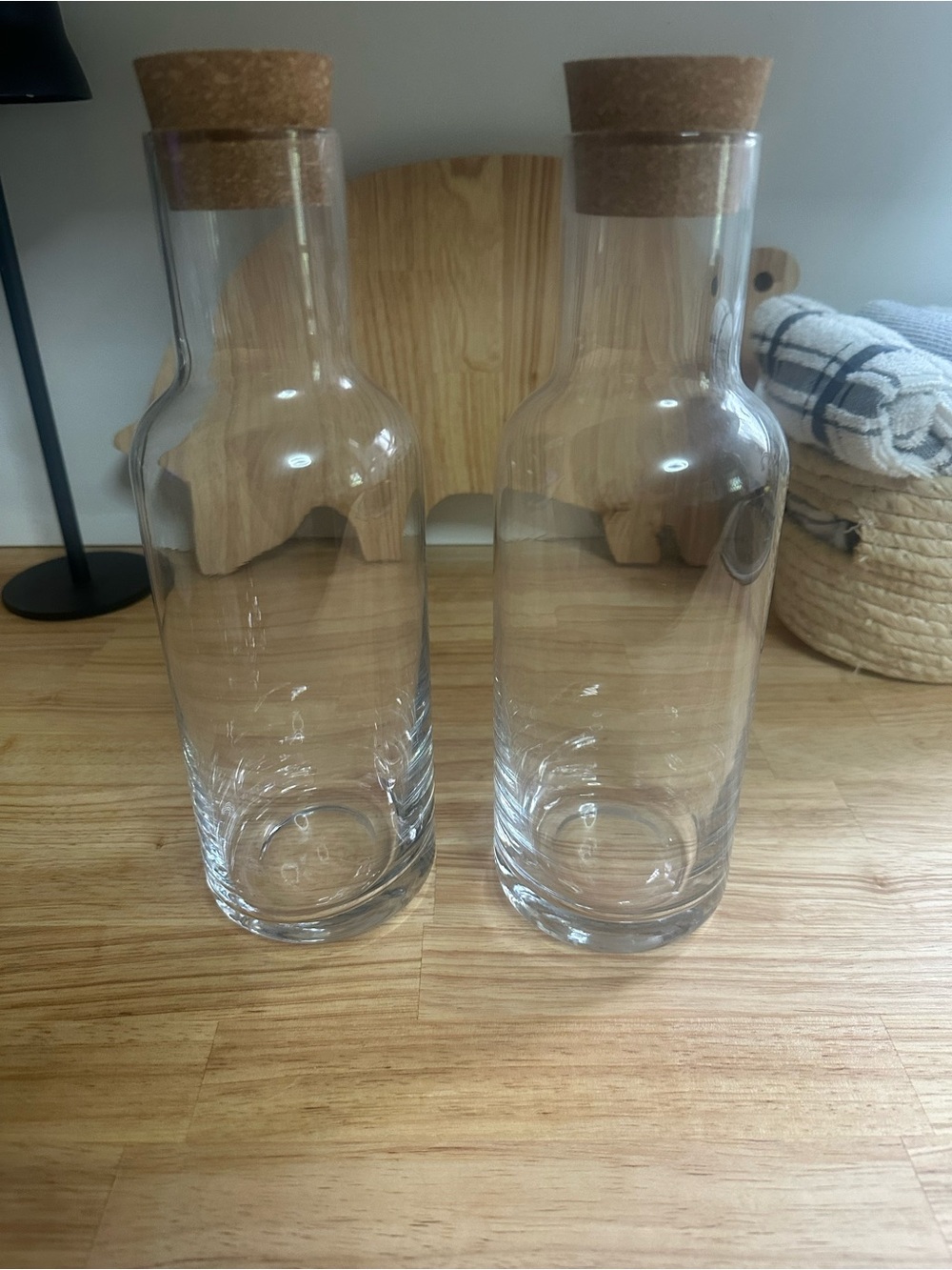 Set of 2 Clear Glass Carafes with Cork Stoppers